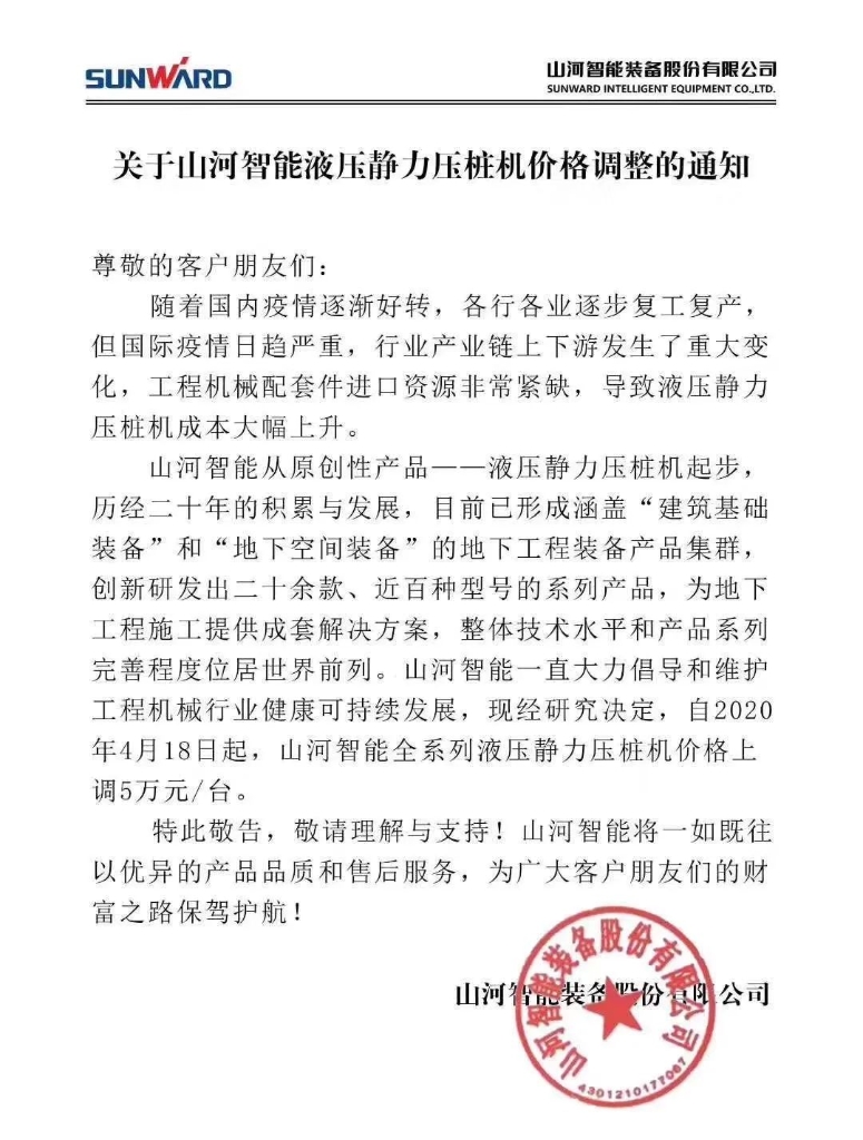 关于恒峰g22智能液压静力压桩机价钱调解的通知