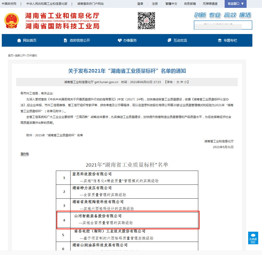 恒峰g22智能荣获湖南省工业质量标杆企业
